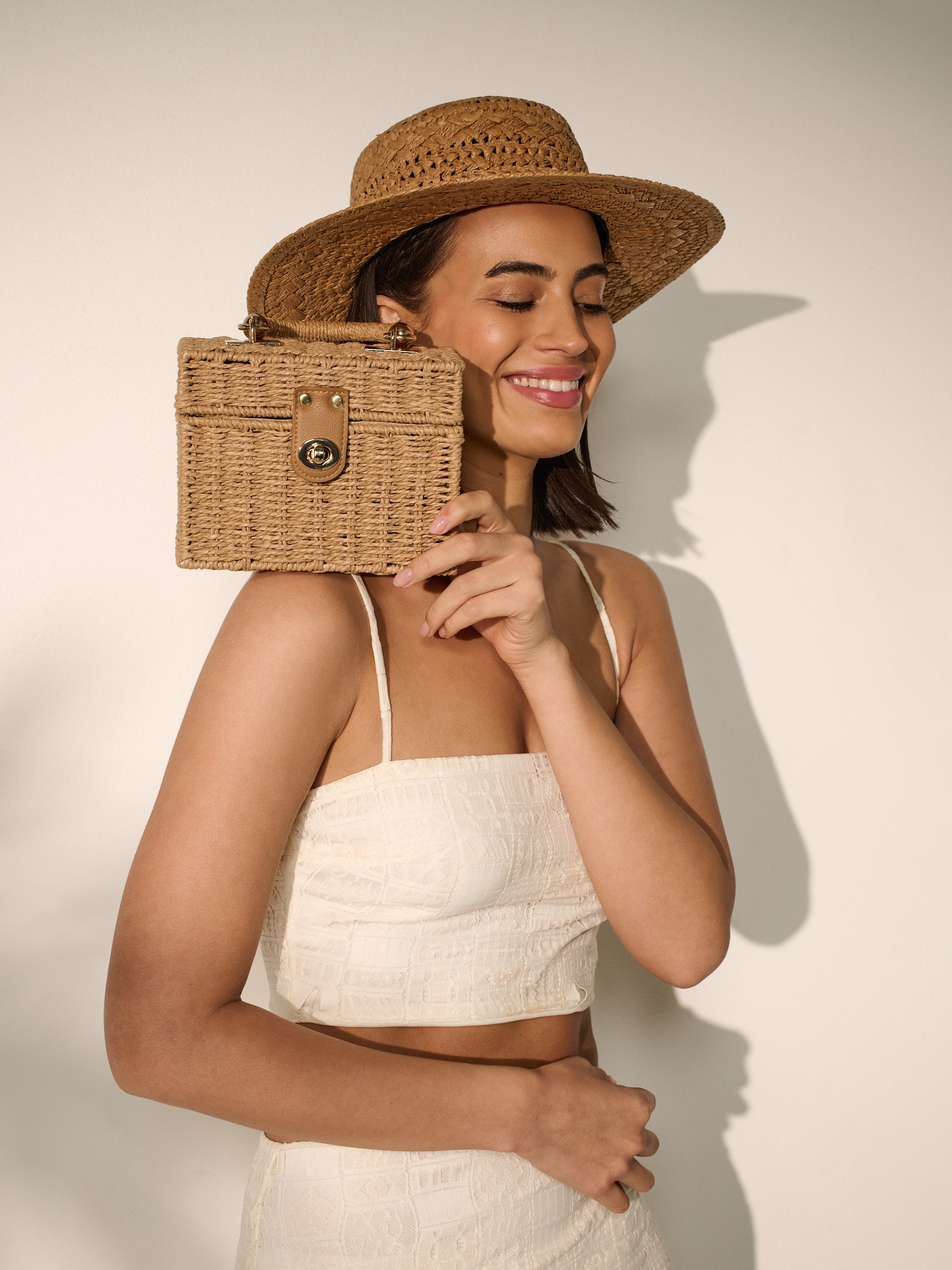 Fawn Rattan Box Crossbody Bag in Tan