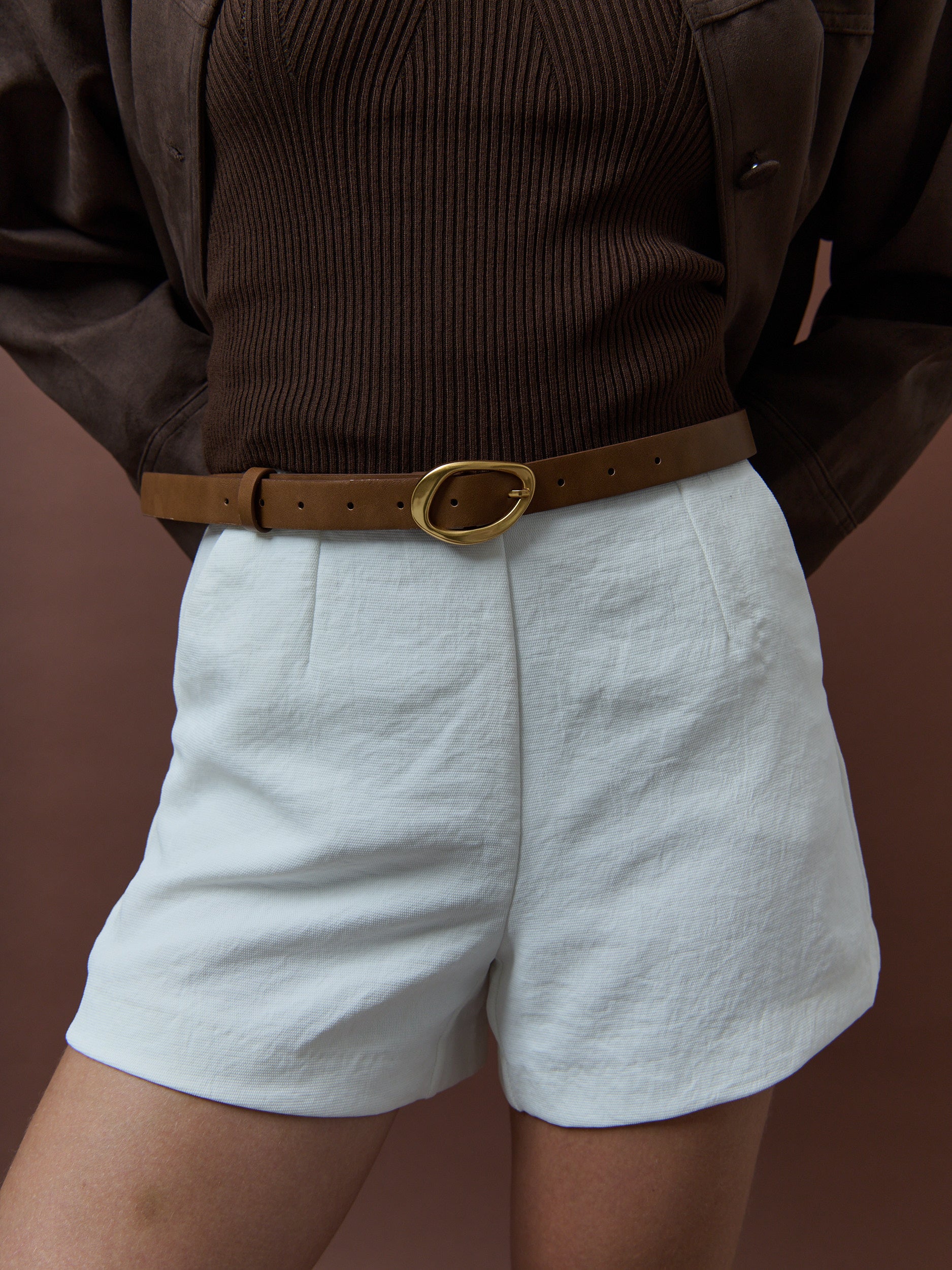 Oval Buckle PU Leather Belt in Brown