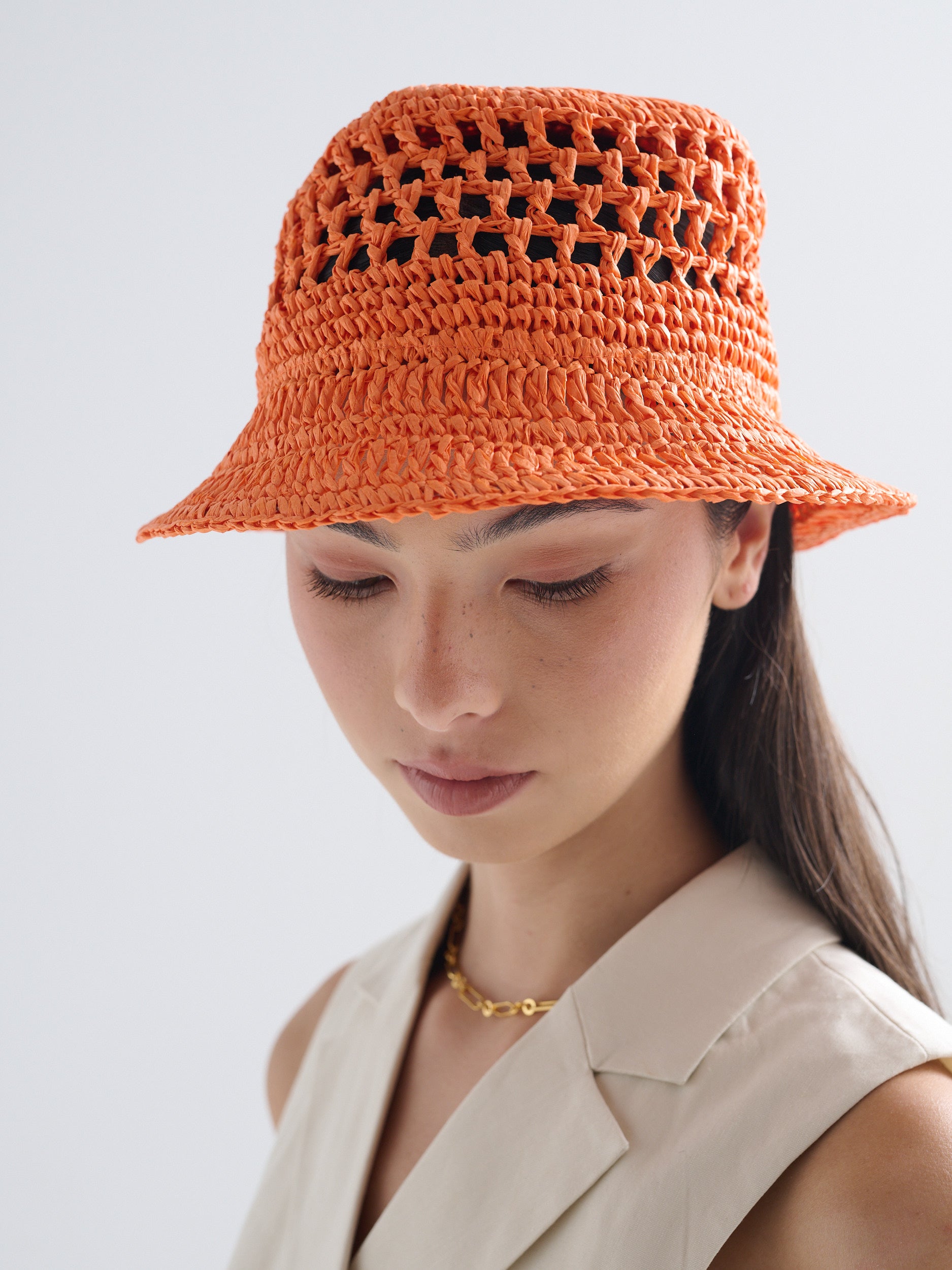 Poppy Orange Straw Bucket Hat