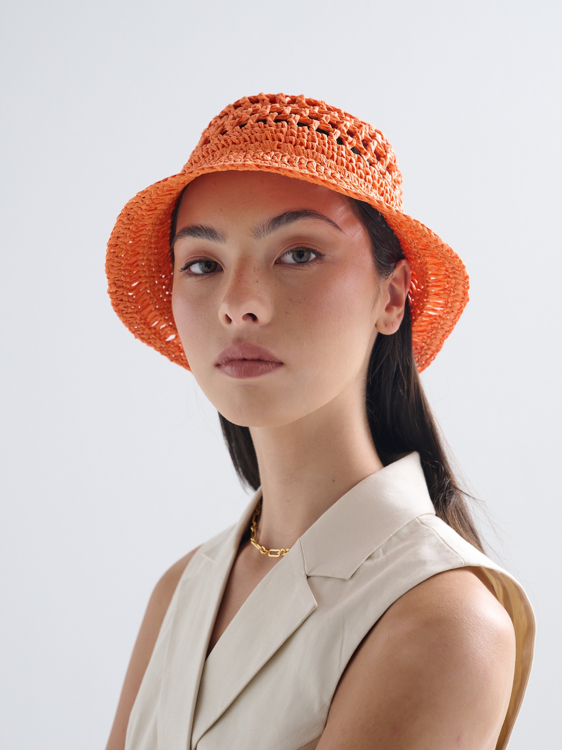 Poppy Orange Straw Bucket Hat