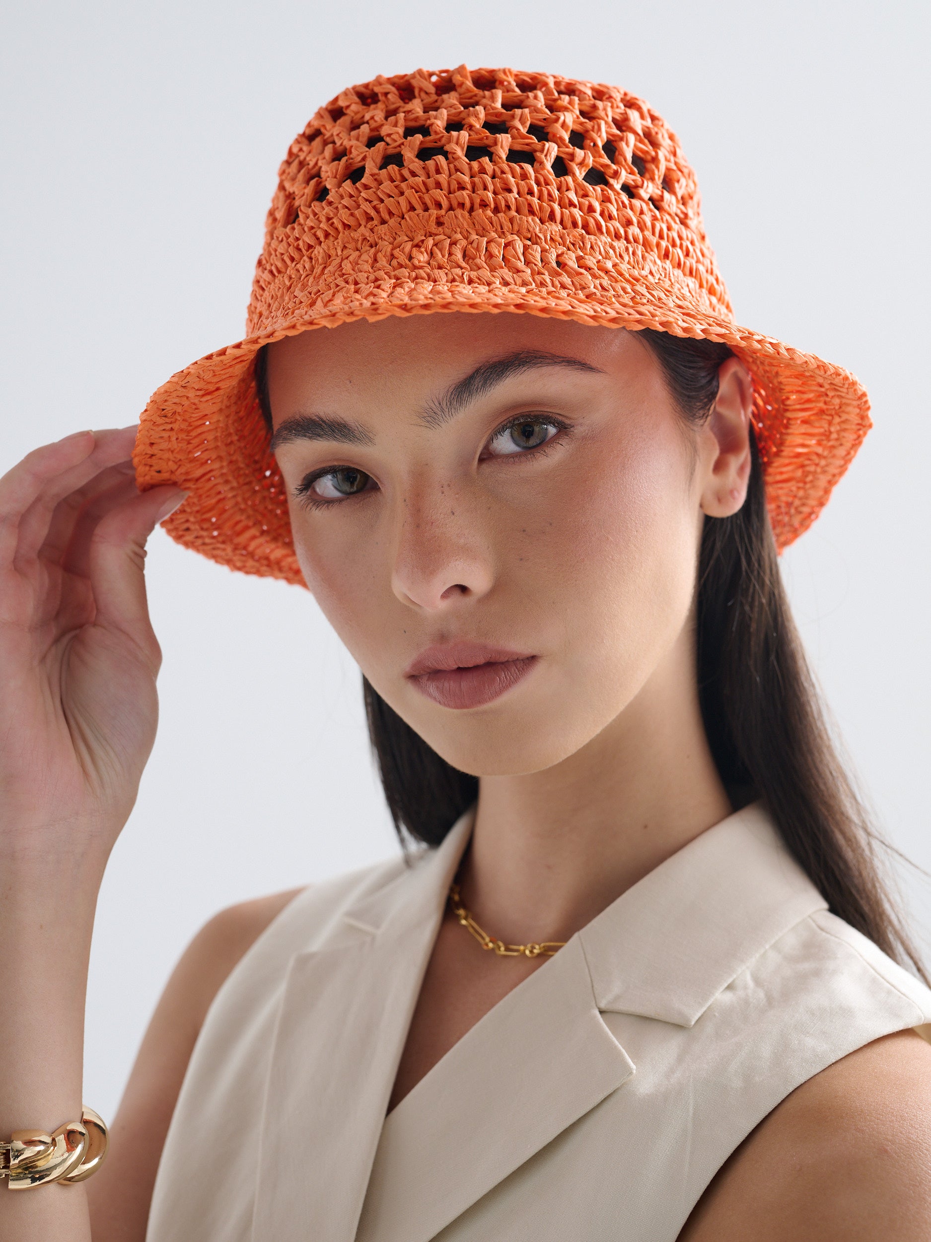 Poppy Orange Straw Bucket Hat