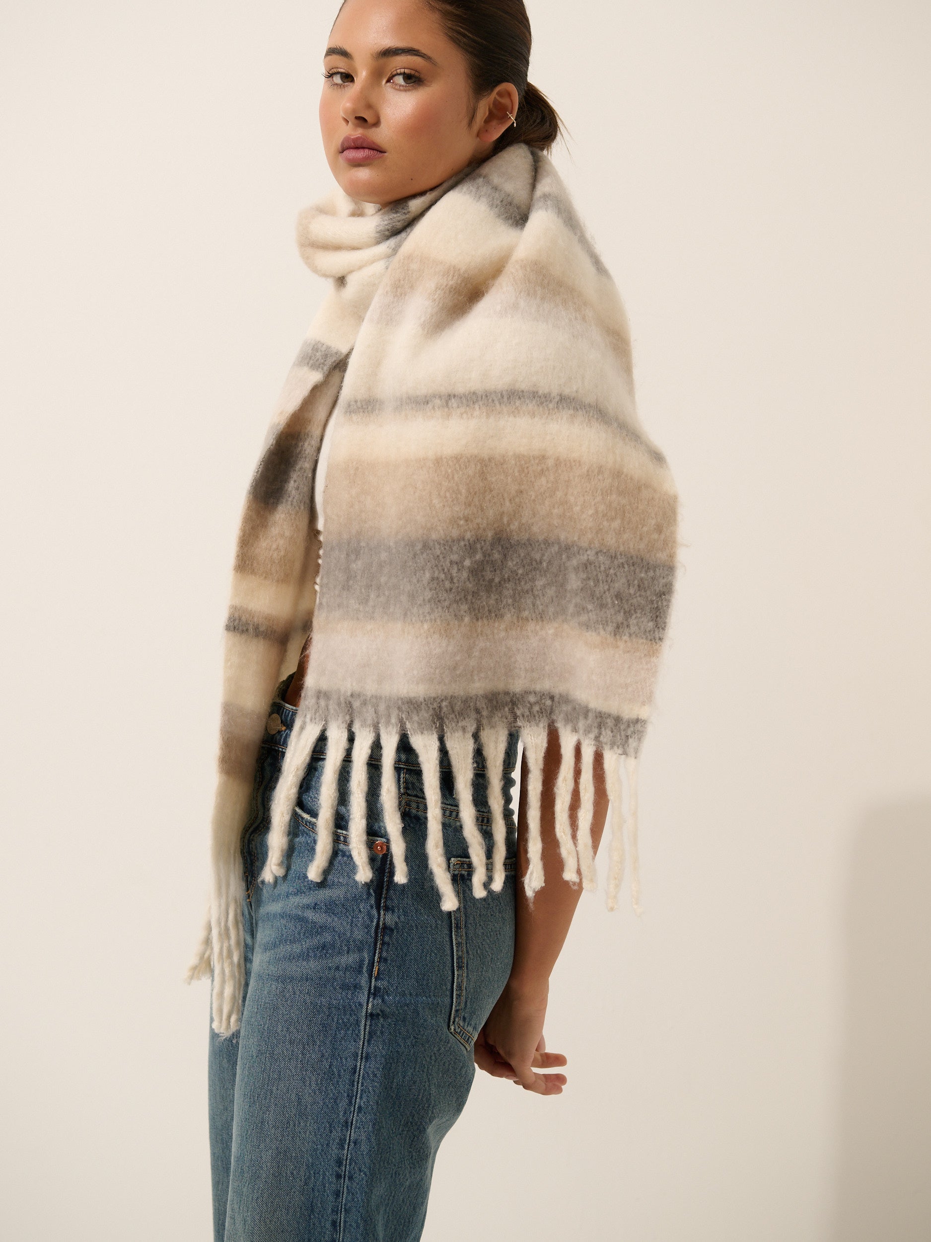 [Restocked] Soft Neutral Stripes Fluffy Scarf - Grey