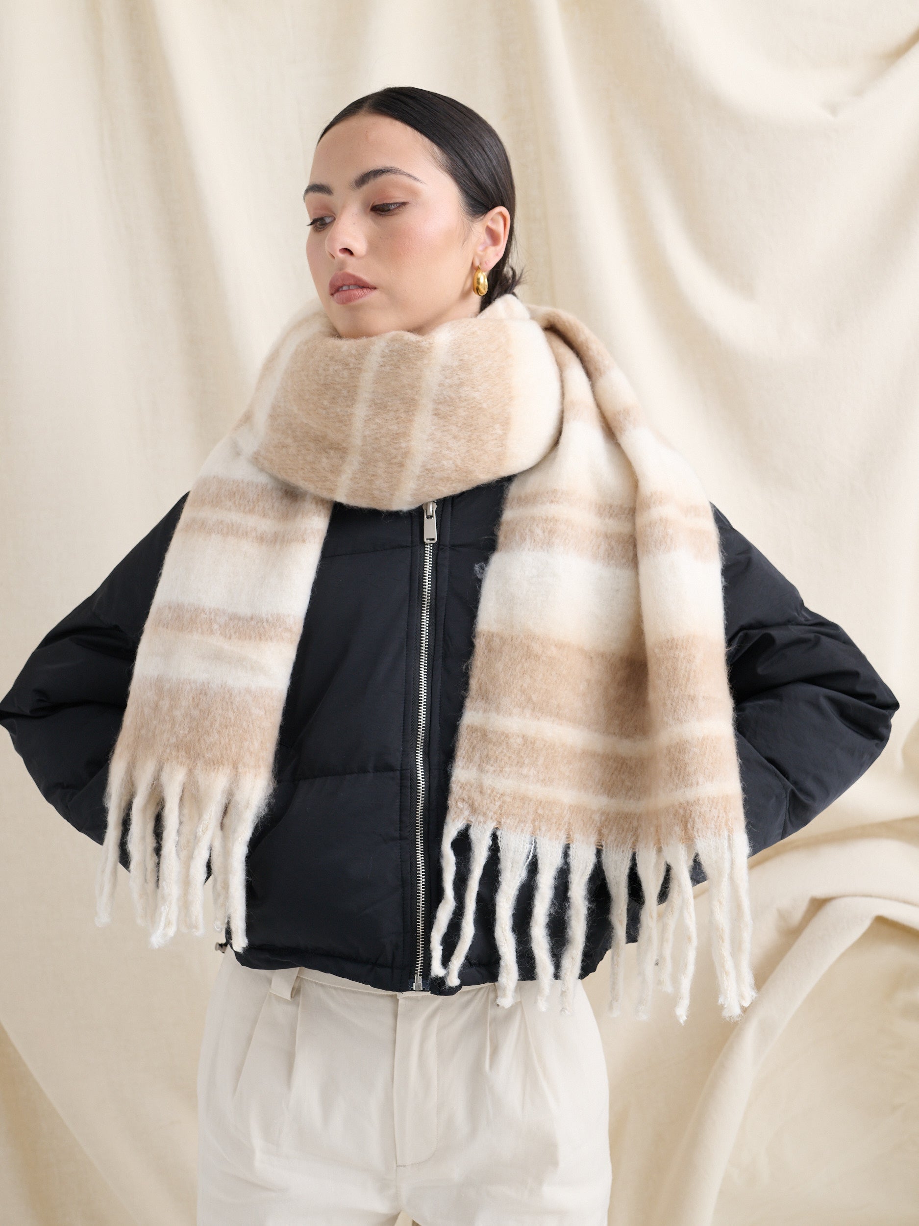 [Restocked] Soft Neutral Stripes Fluffy Scarf - Brown