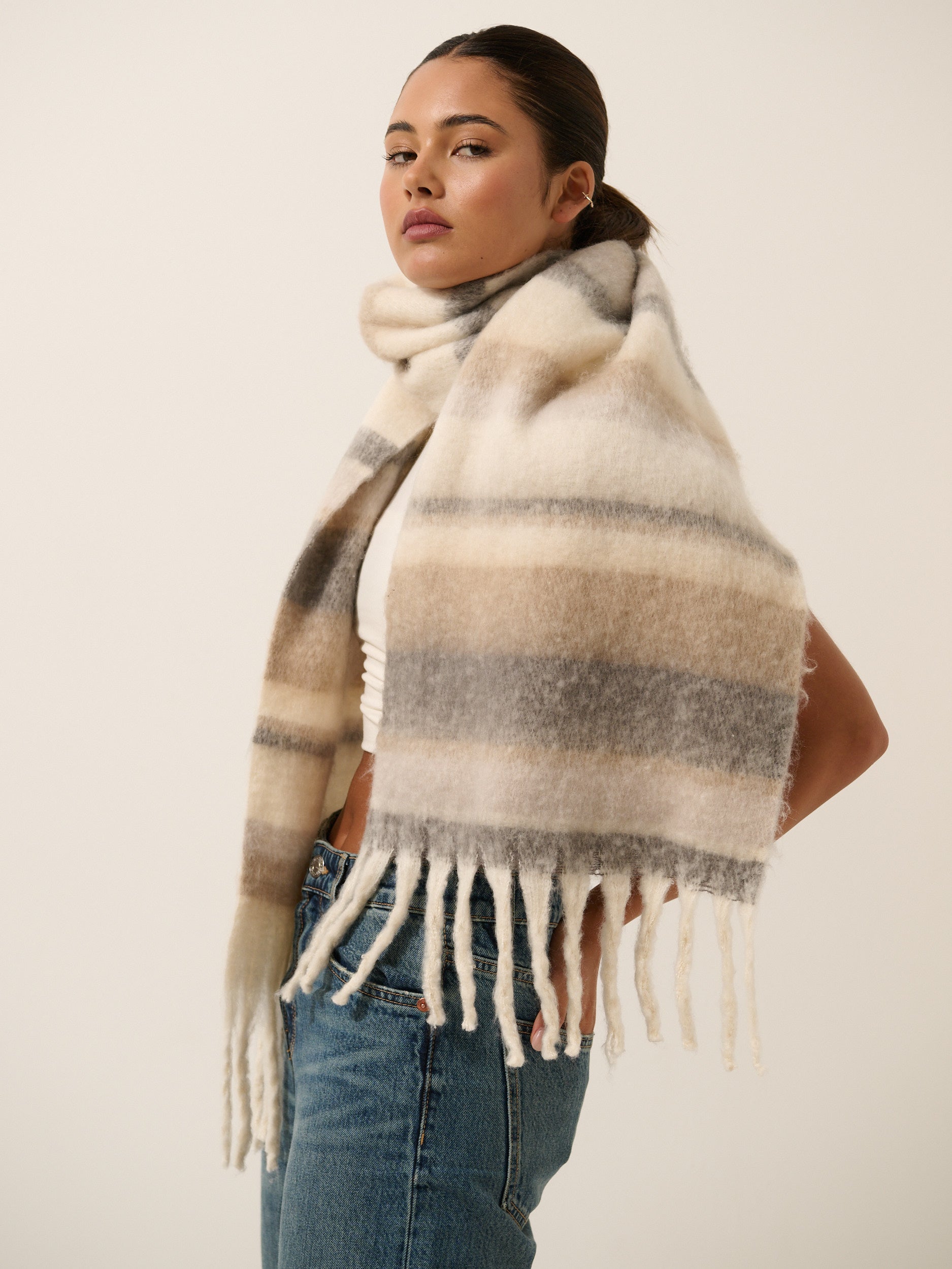 Soft Neutral Stripes Fluffy Scarf - Grey