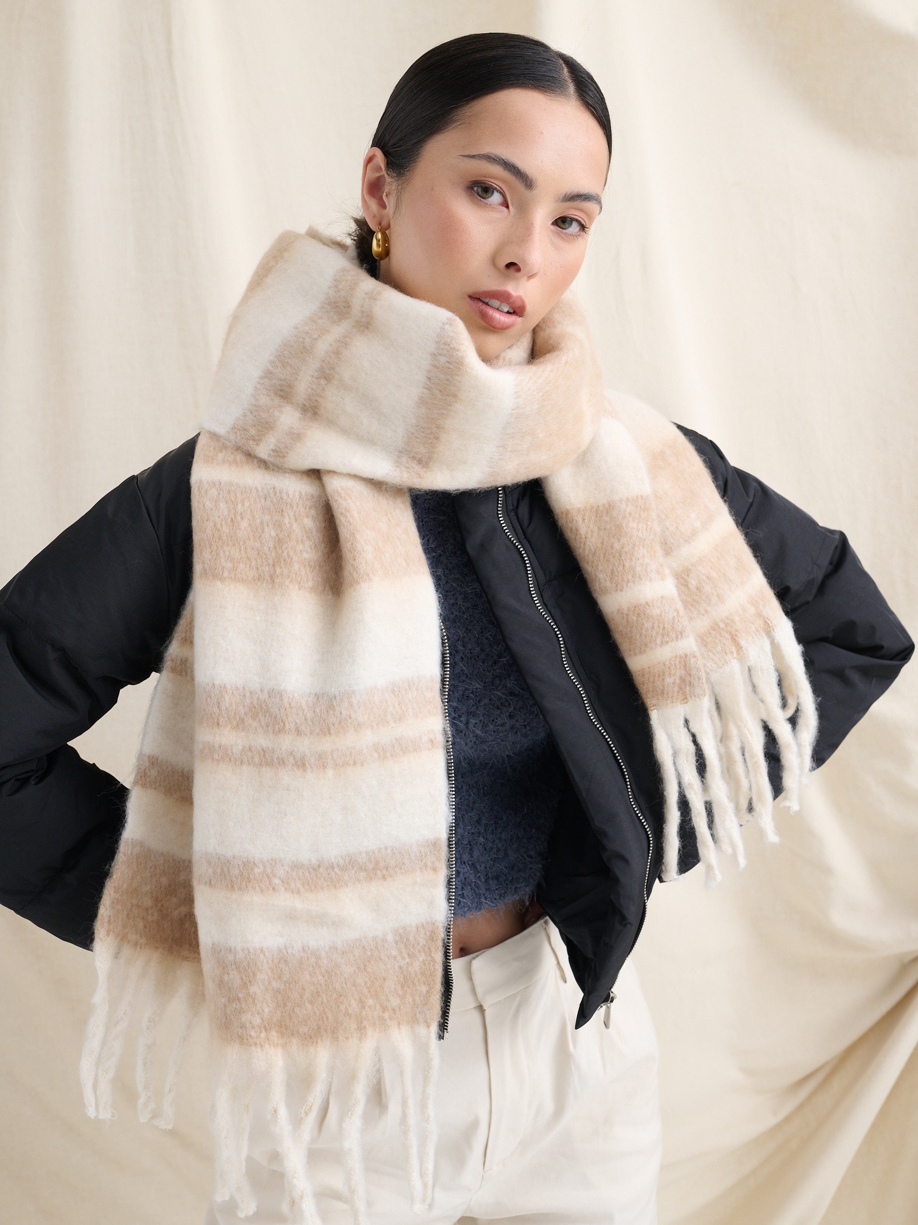 Soft Neutral Stripes Fluffy Scarf in Brown