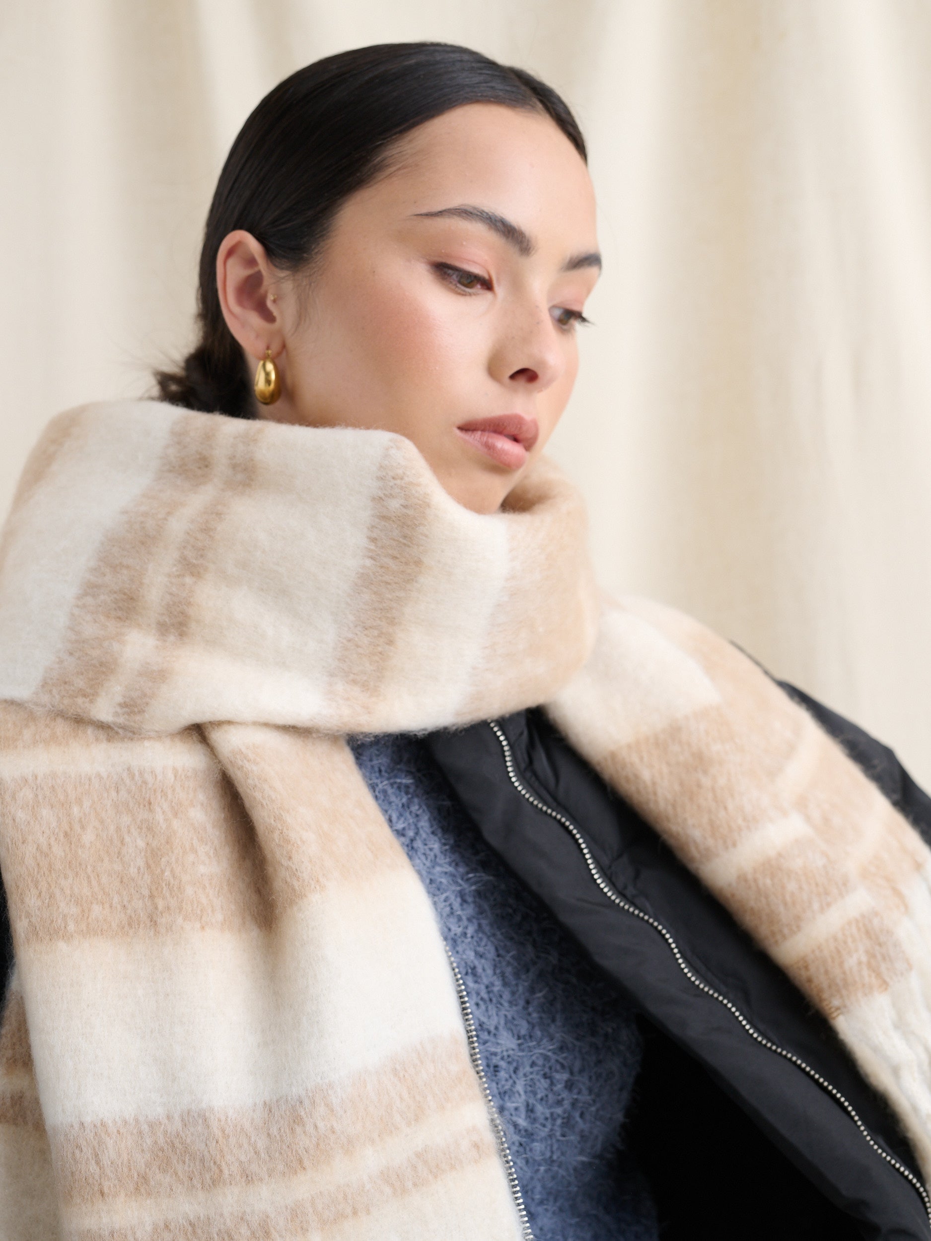 Soft Neutral Stripes Fluffy Scarf in Brown