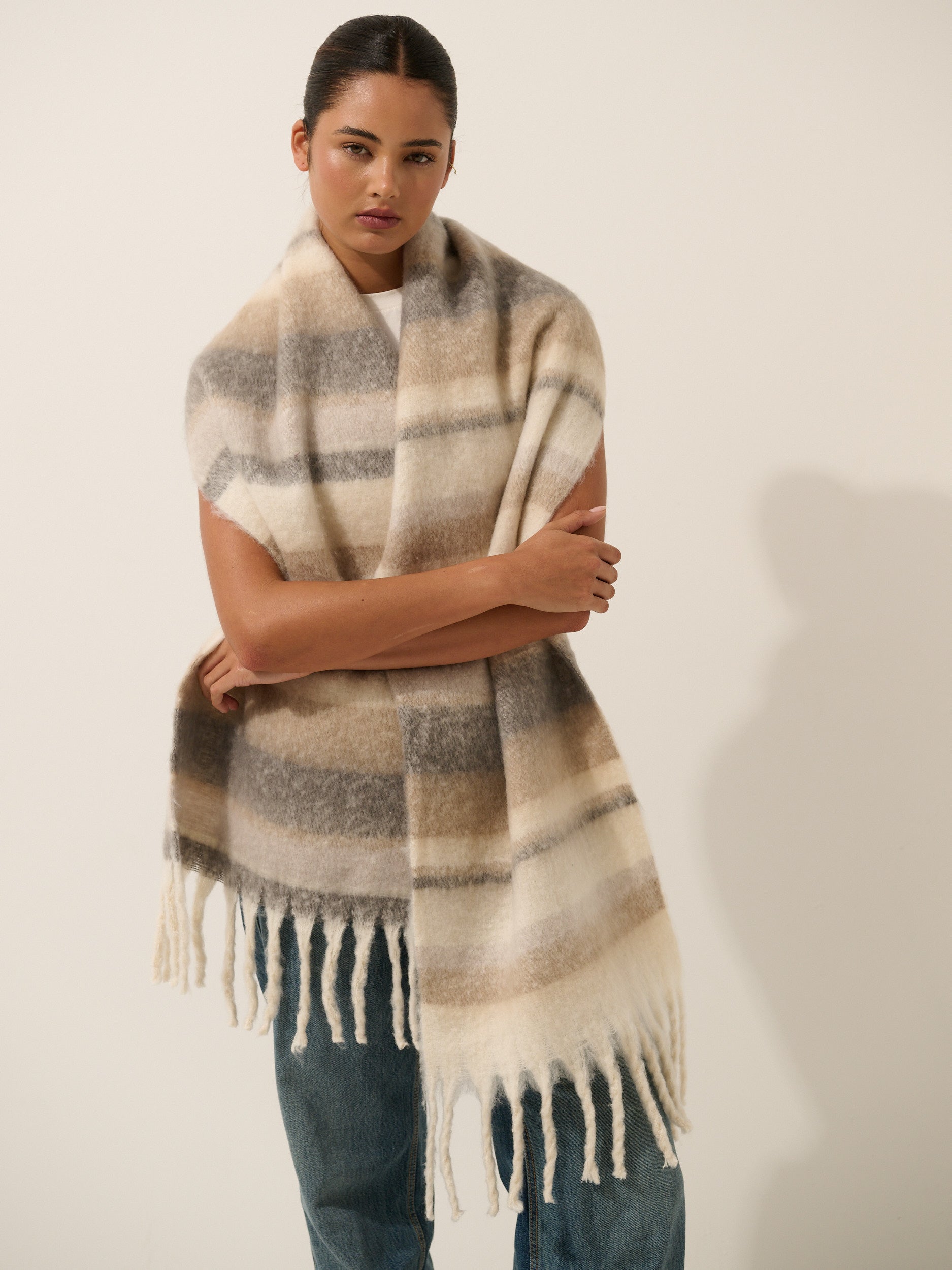 [Restocked] Soft Neutral Stripes Fluffy Scarf - Grey