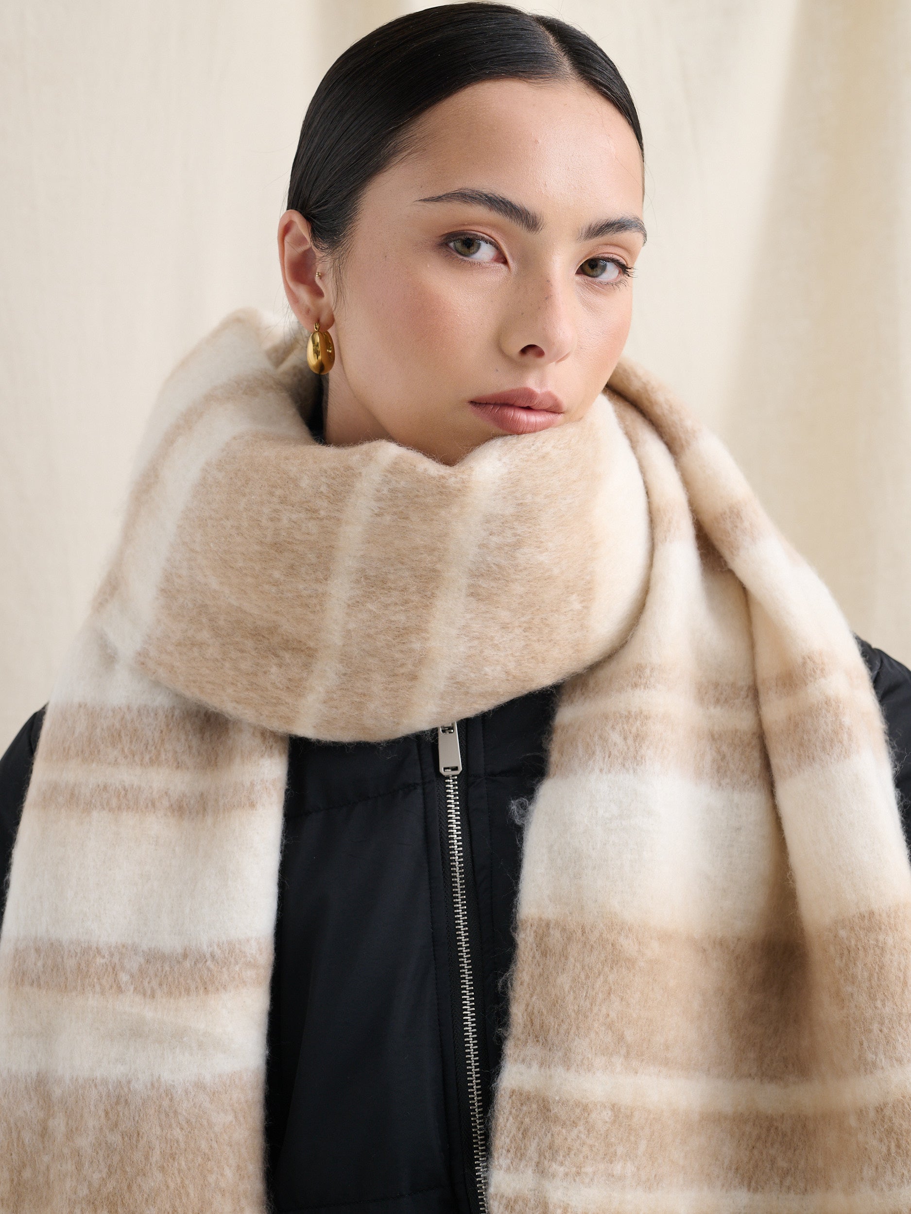 Soft Neutral Stripes Fluffy Scarf in Brown