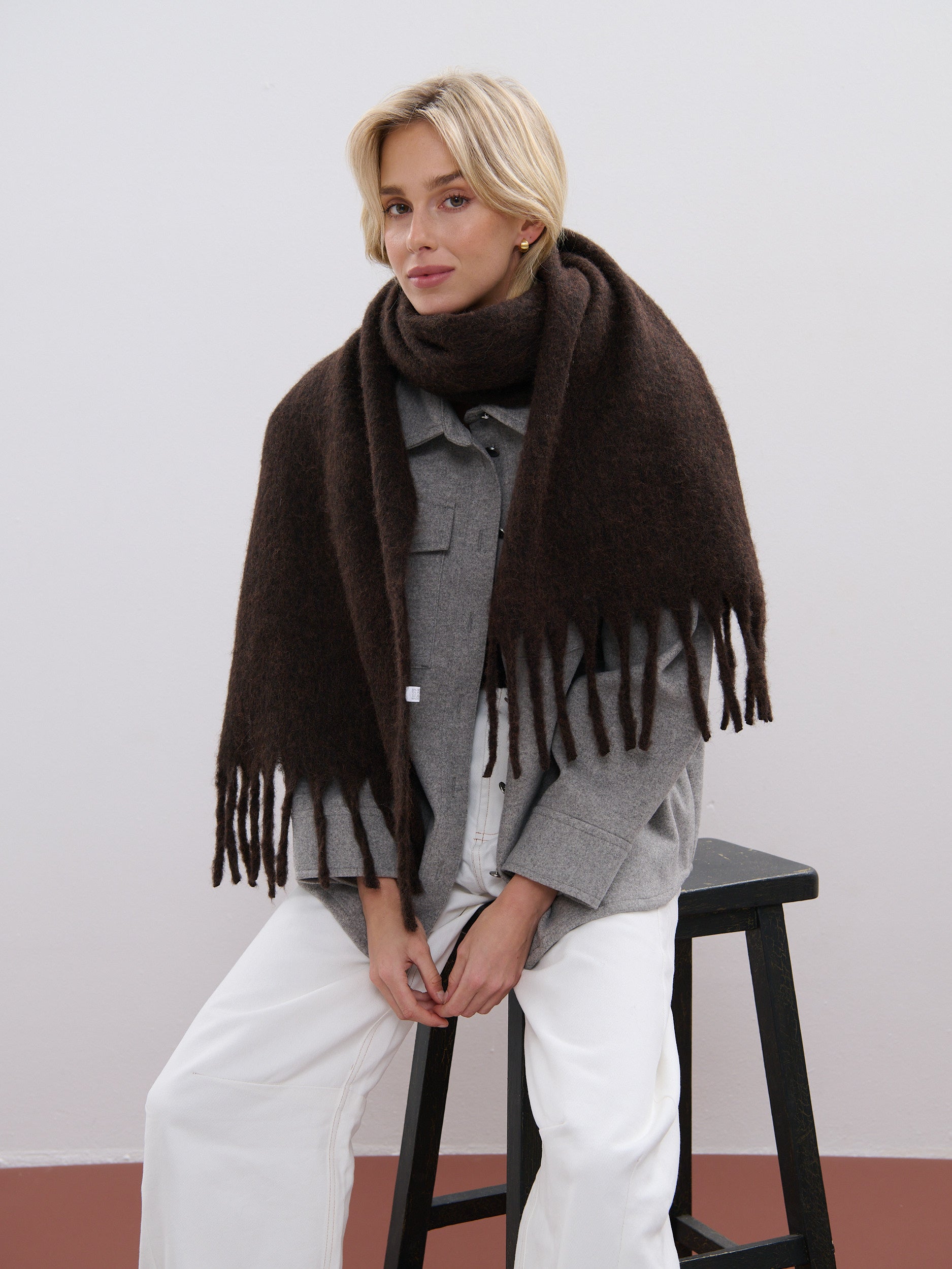 Betty Wool Plain Fluffy Scarf in Brown