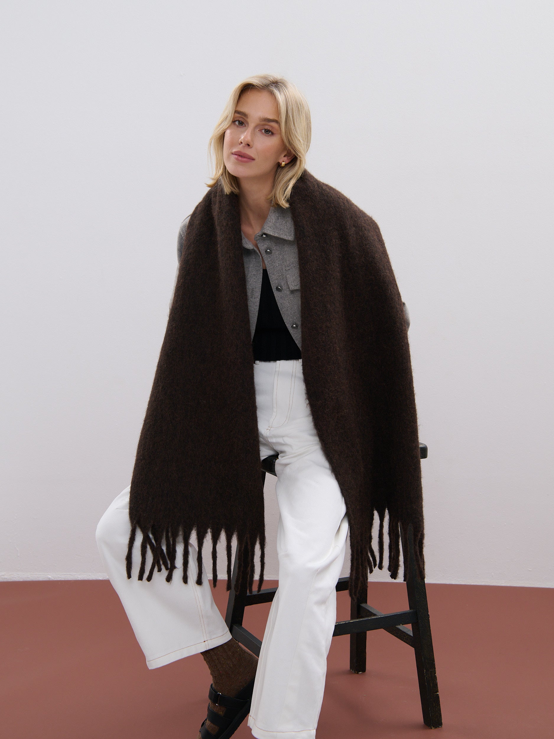 Betty Wool Plain Fluffy Scarf in Brown