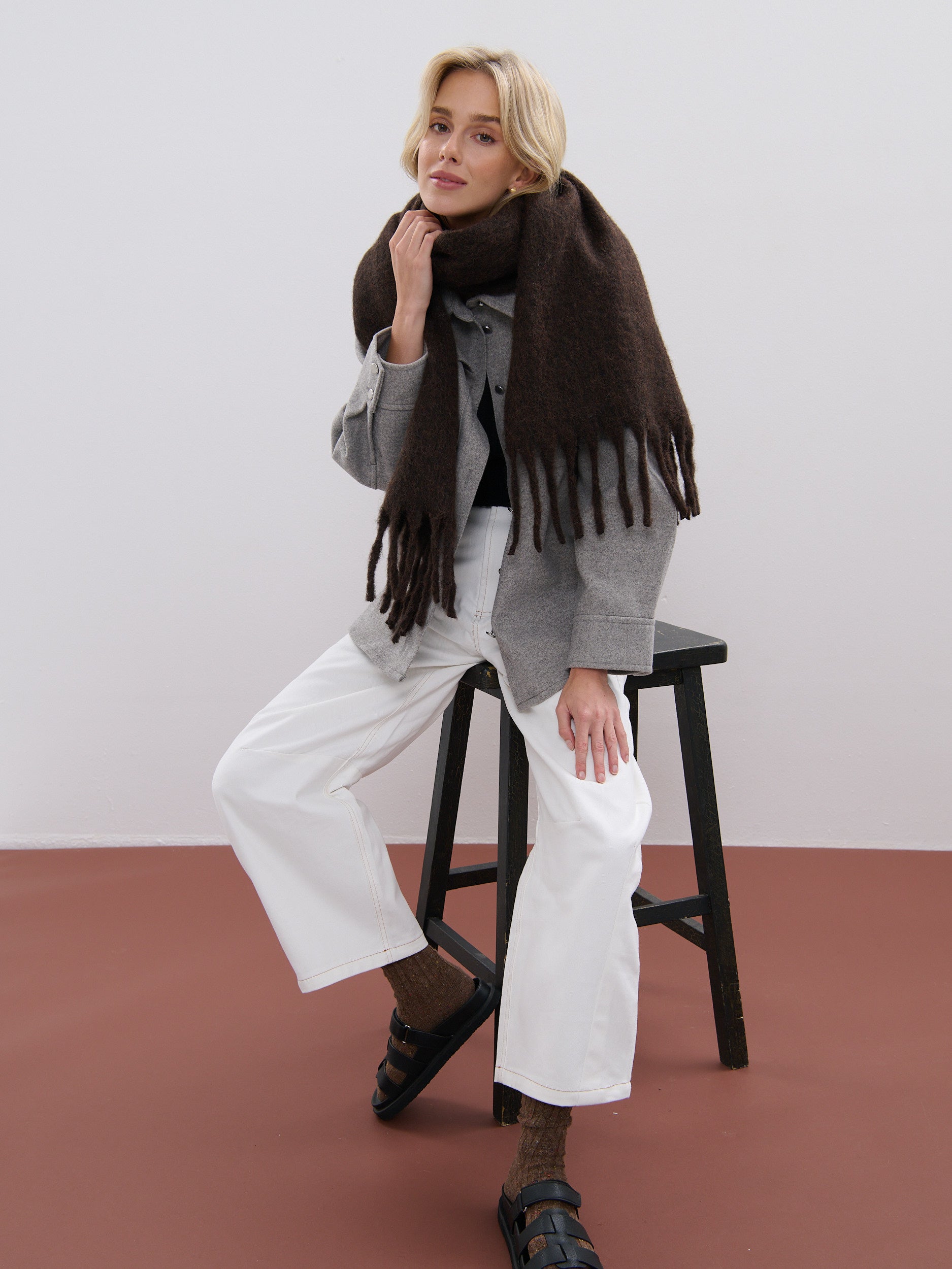 Betty Wool Plain Fluffy Scarf in Brown