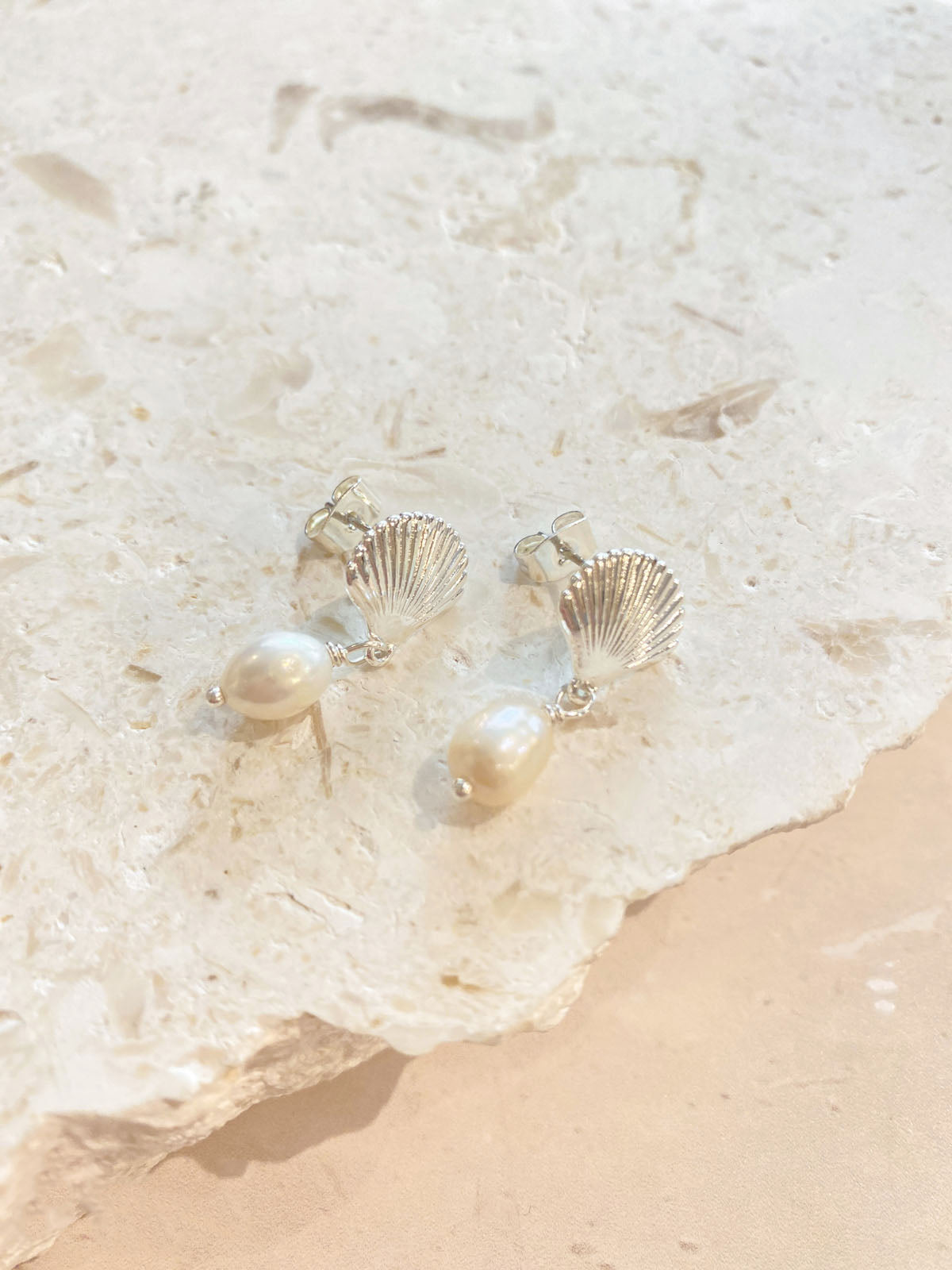 Clamshell Pearl Silver Plated Earrings
