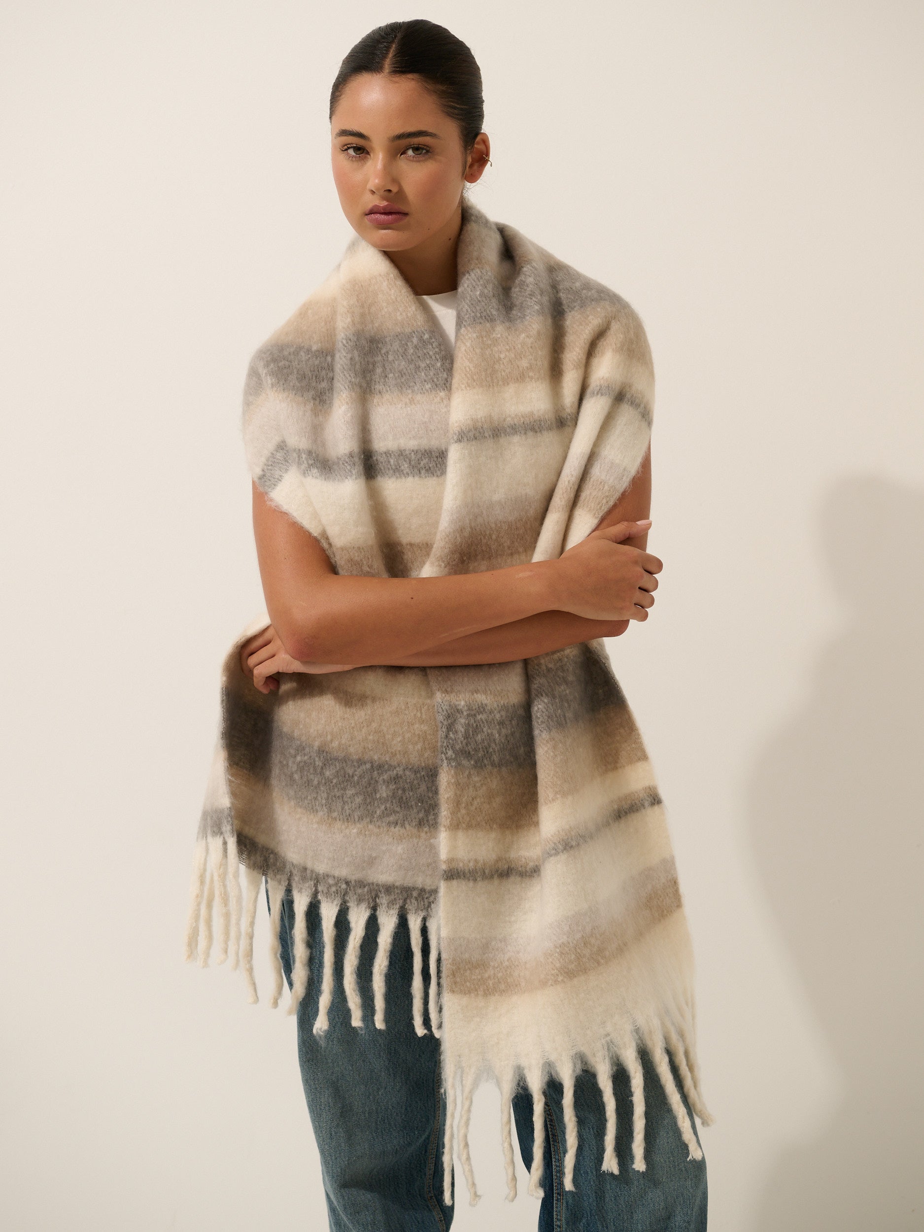 Soft Neutral Stripes Fluffy Scarf - Grey