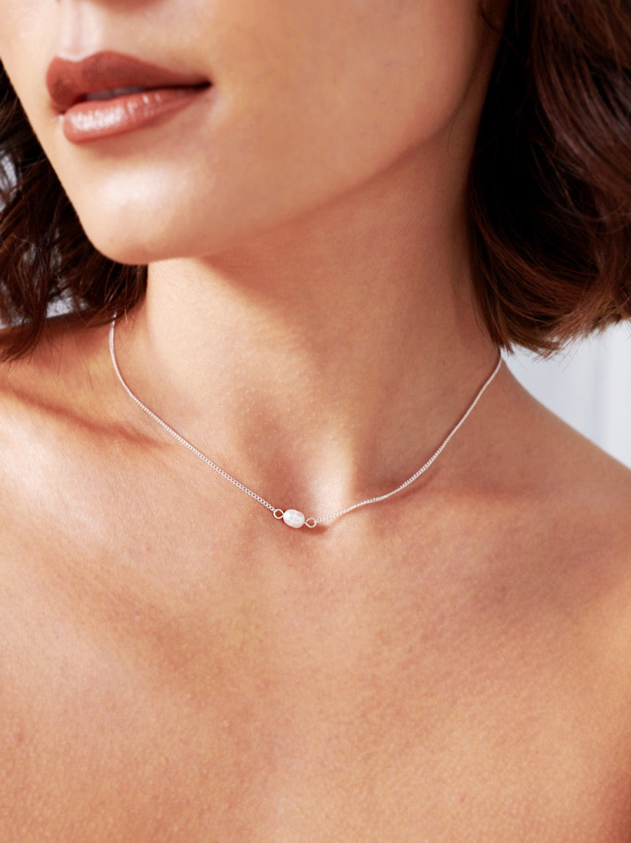 Single Pearl Sterling Silver Necklace