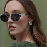 L&S Round Silver Metal Oval Sunglasses in Black