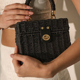 Fawn Rattan Box Crossbody Bag in Black