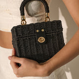 Fawn Rattan Box Crossbody Bag in Black