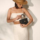 Fawn Rattan Box Crossbody Bag in Black
