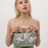Victoria Satin Pearl Strap Bag in Sage