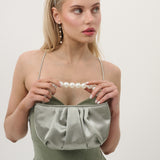Victoria Satin Pearl Strap Bag in Sage