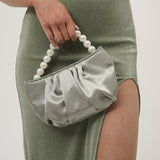 Victoria Satin Pearl Strap Bag in Sage