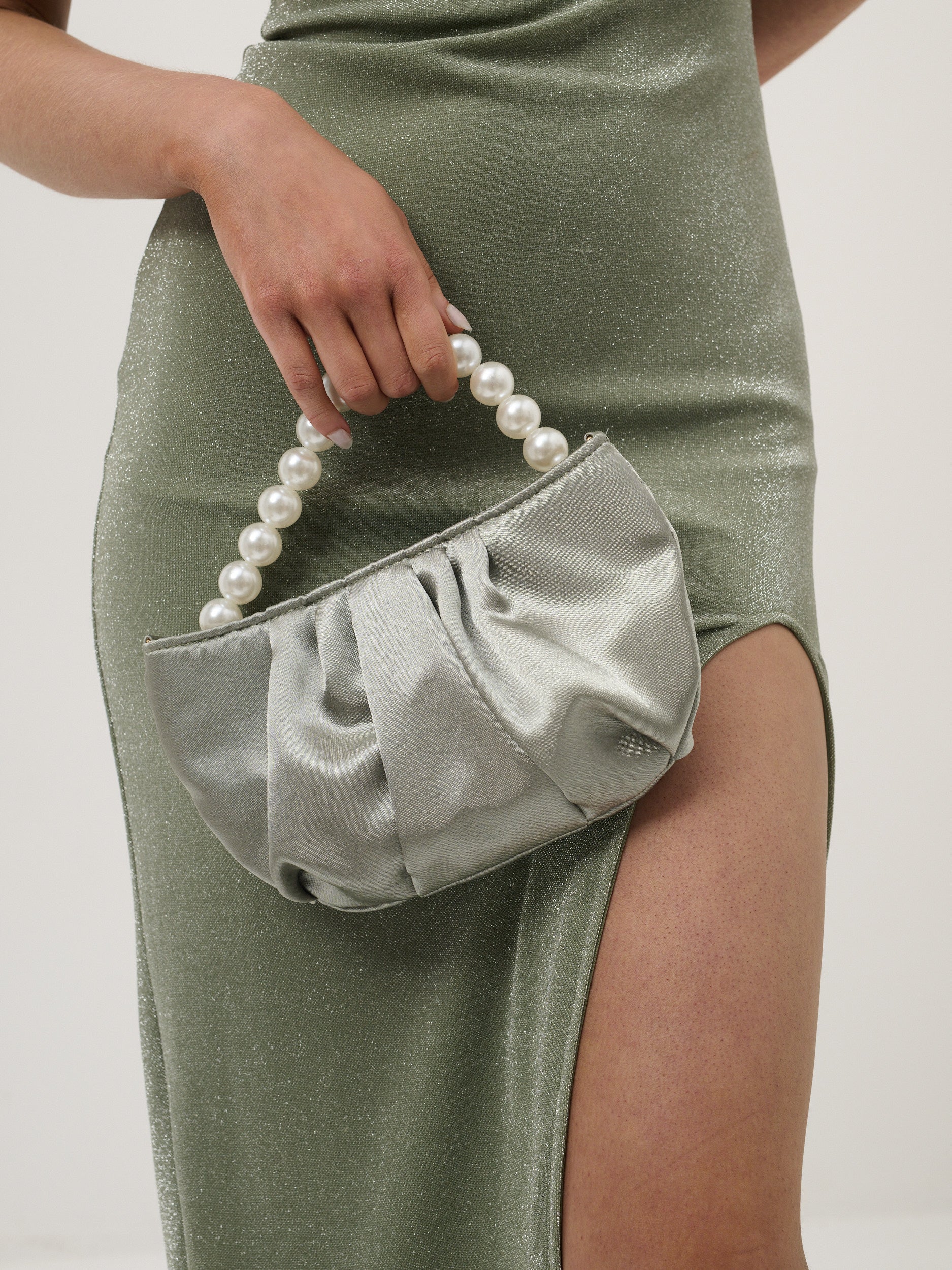 Victoria Satin Pearl Strap Bag in Sage