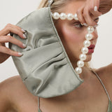 Victoria Satin Pearl Strap Bag in Sage