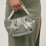 Victoria Satin Pearl Strap Bag in Sage