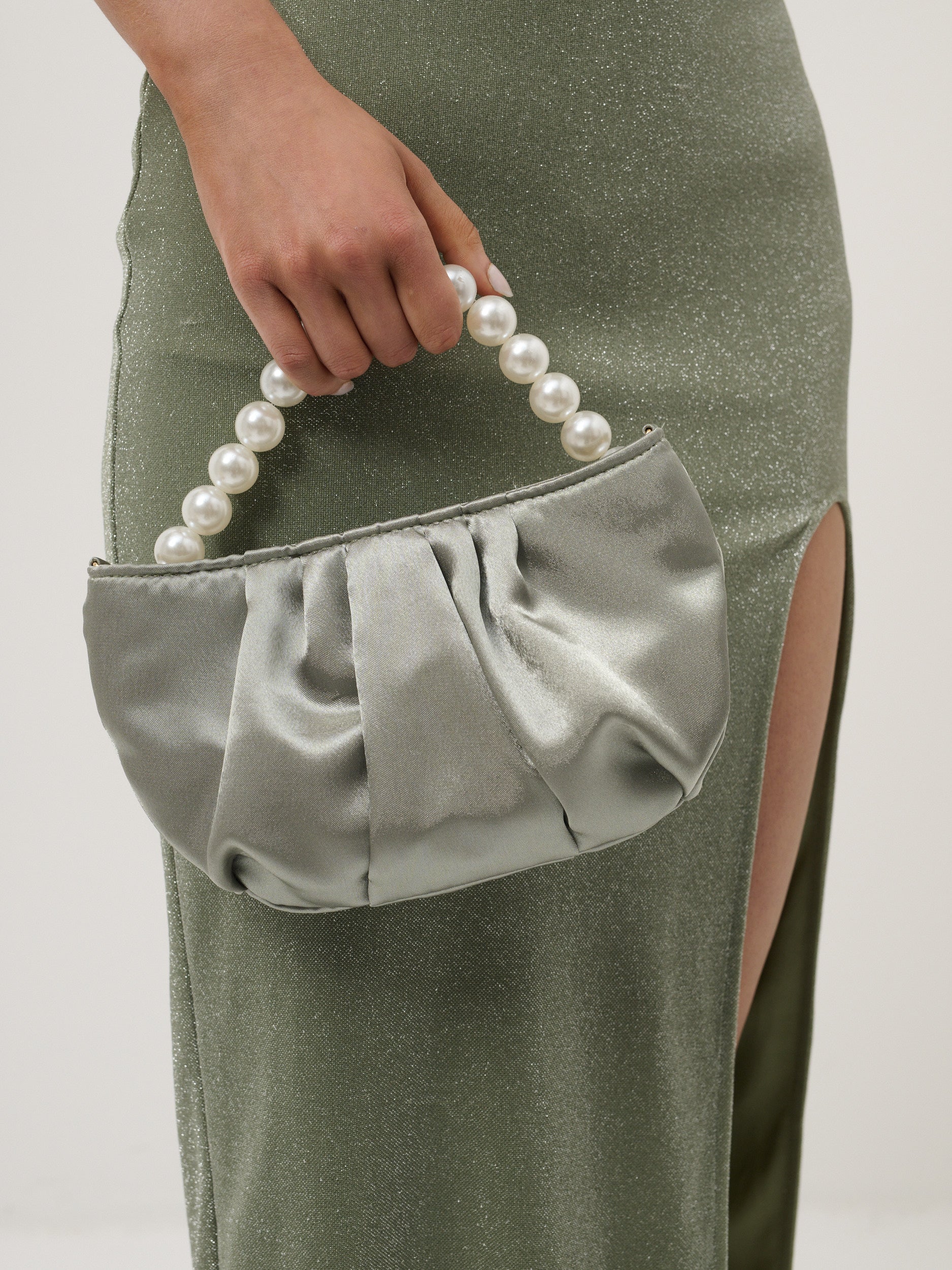 Victoria Satin Pearl Strap Bag in Sage