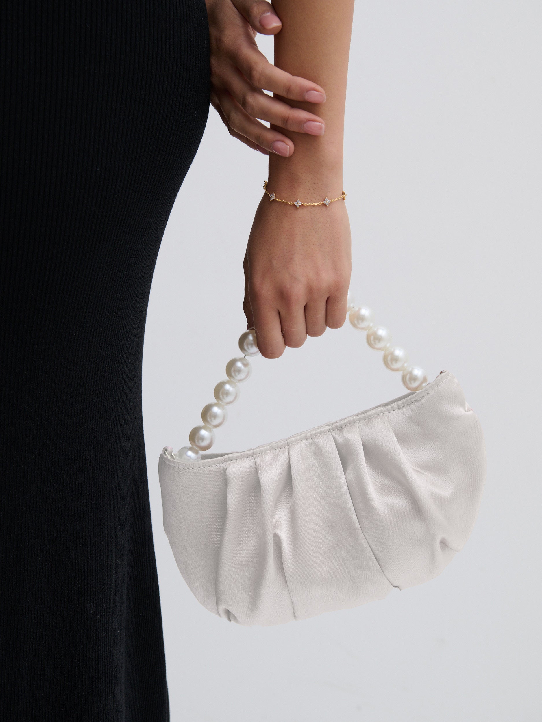 Victoria Satin Pearl Strap Bag in White