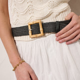 Piper Bamboo Buckle Straw Belt in Black