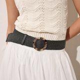 Acrylic Round Buckle Straw Belt in Black