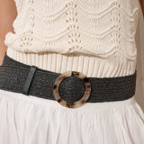 Acrylic Round Buckle Straw Belt in Black