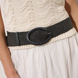 Woven Oval Buckle Straw Belt in Black