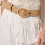 Woven Oval Buckle Straw Belt in Tan