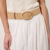 Woven Oval Buckle Straw Belt in Tan