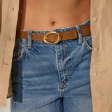 Oval Buckle PU Leather Belt in Brown