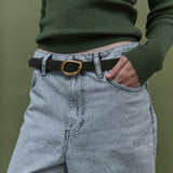 [NEW] Oval Buckle PU Leather Belt in Olive