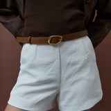 Oval Buckle PU Leather Belt in Brown