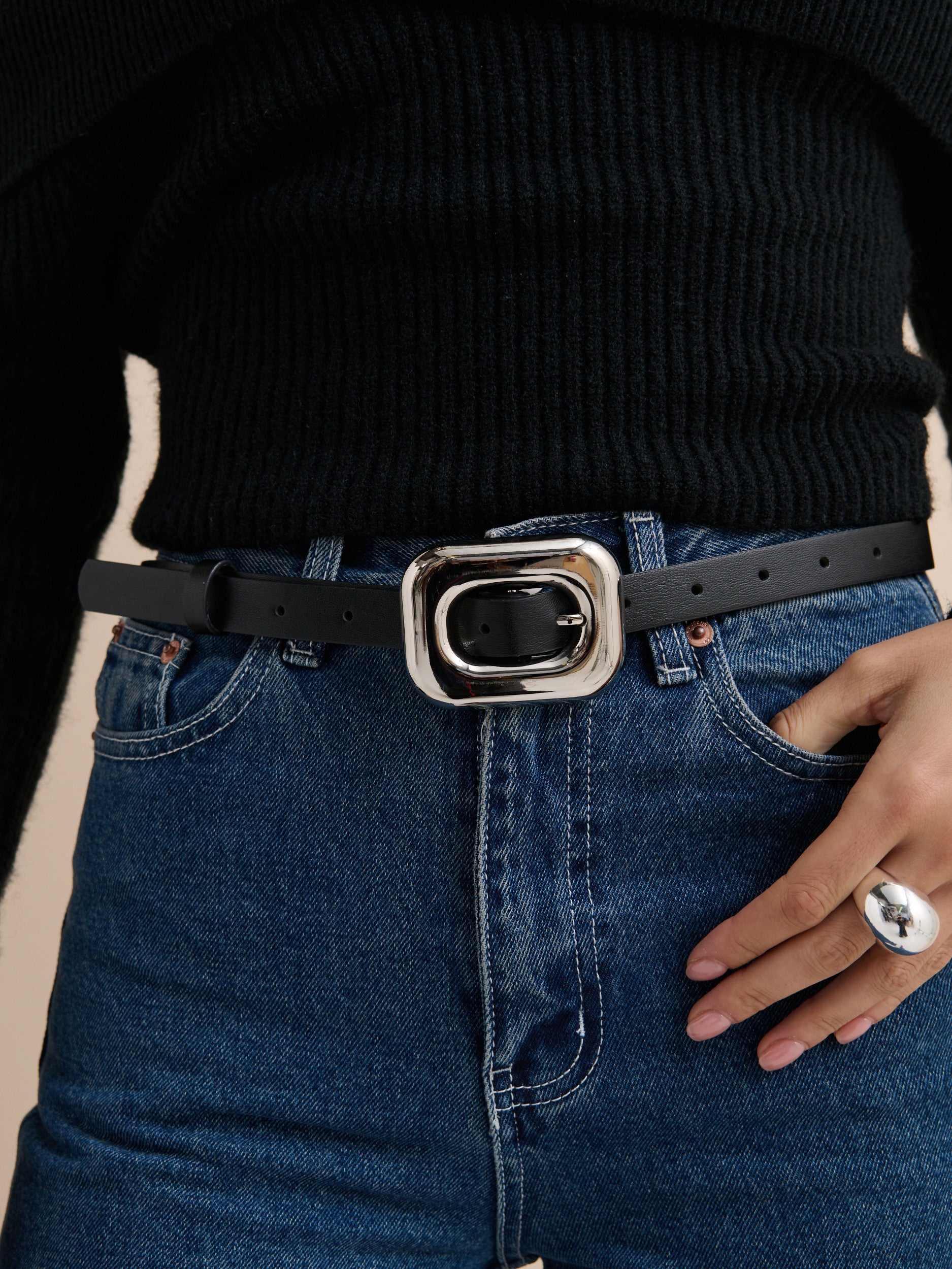 Chain Buckle PU Skinny Belt