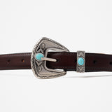 Ornate Stone Buckle Genuine Leather Belt