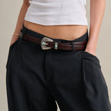 Ornate Stone Buckle Genuine Leather Belt