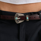 Ornate Stone Buckle Genuine Leather Belt