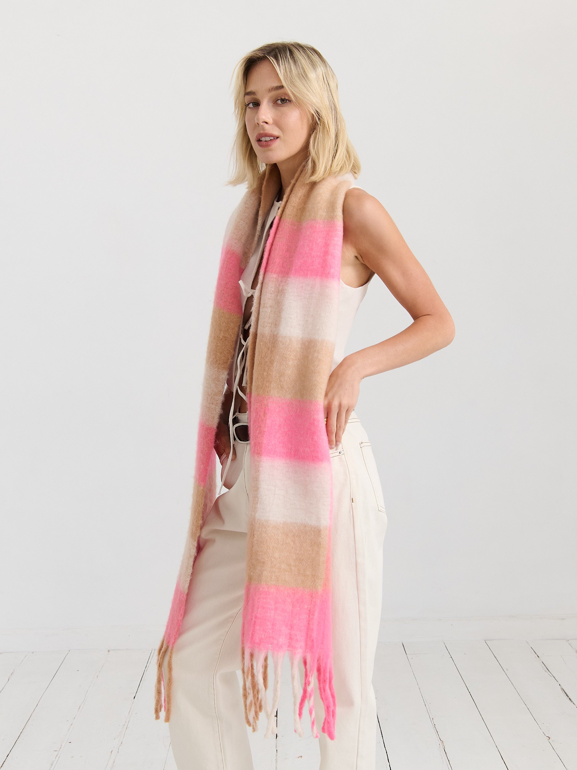 Neon Pink Checkered Fluffy Scarf