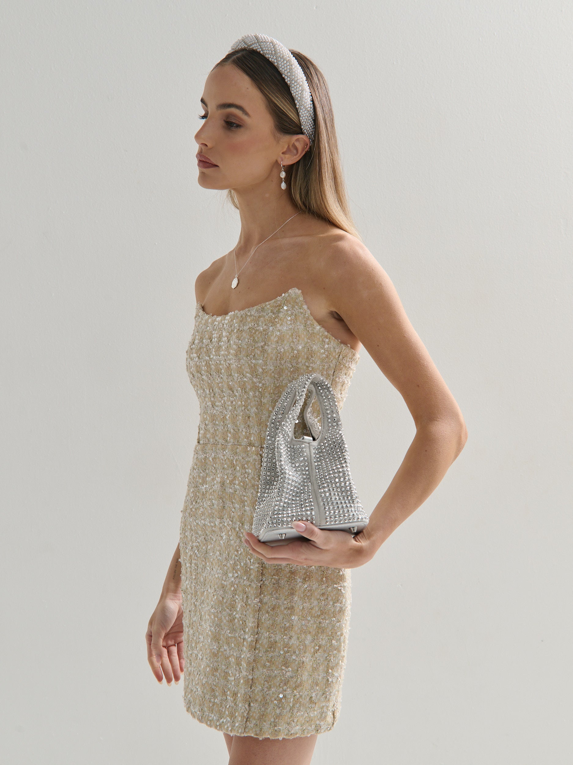 Khloe Rhinestone Party Bag in Silver