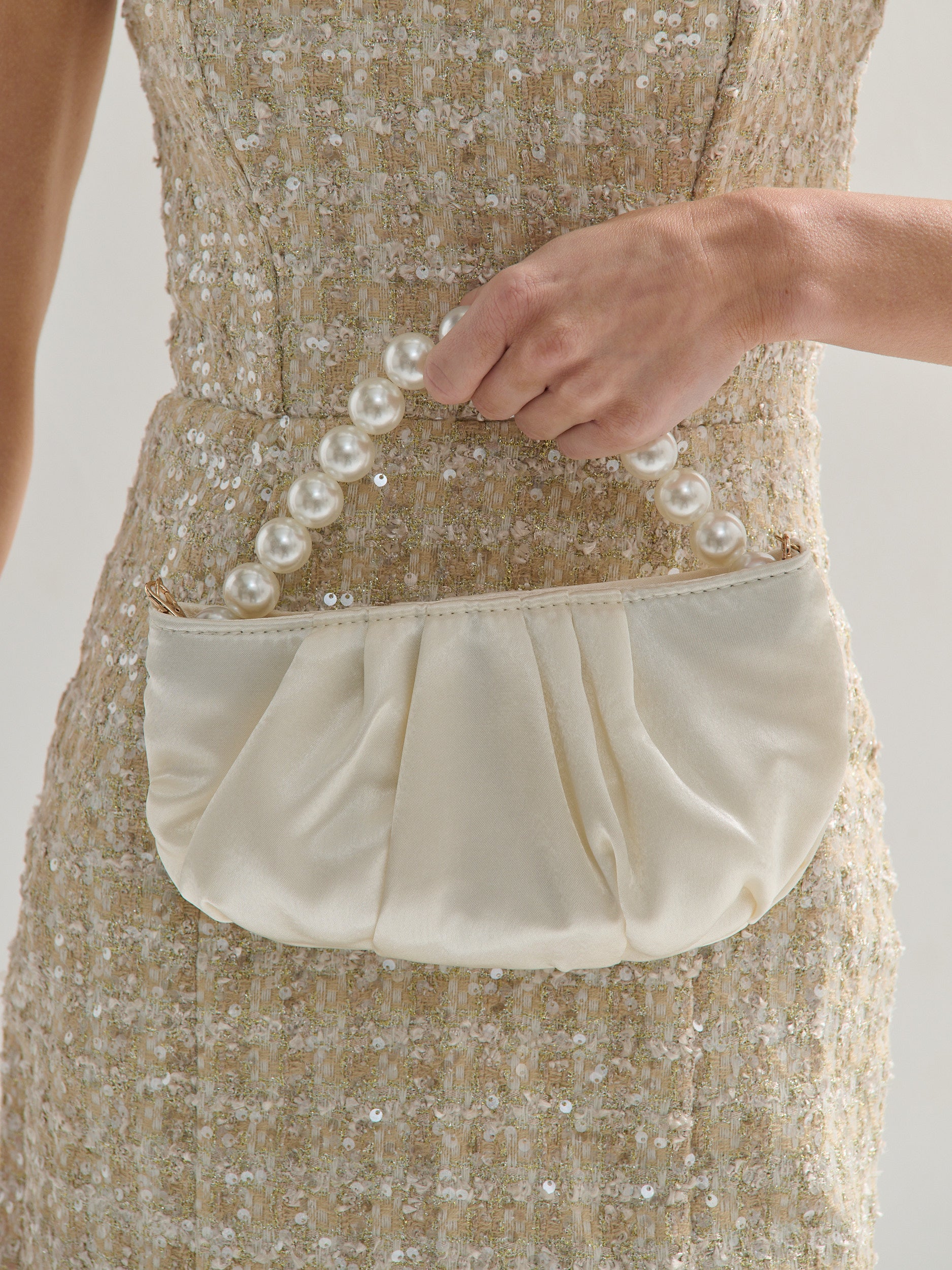 Victoria Satin Pearl Strap Bag in White