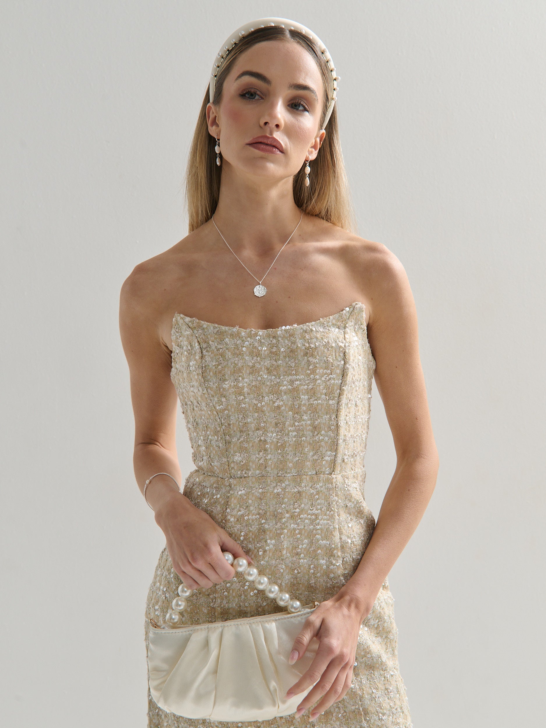Victoria Satin Pearl Strap Bag in White