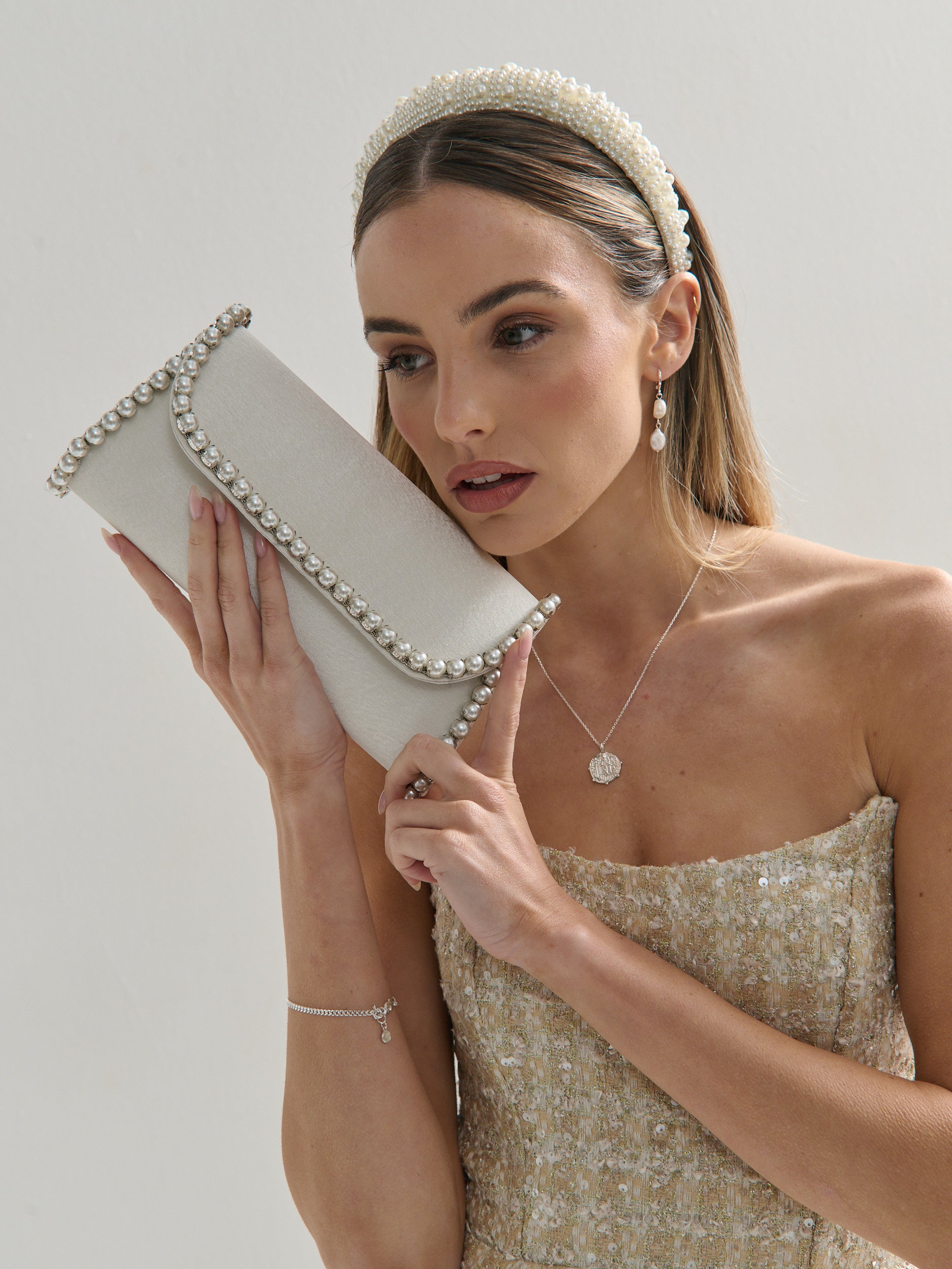 Yvette Pearl Trim Clutch Bag in White