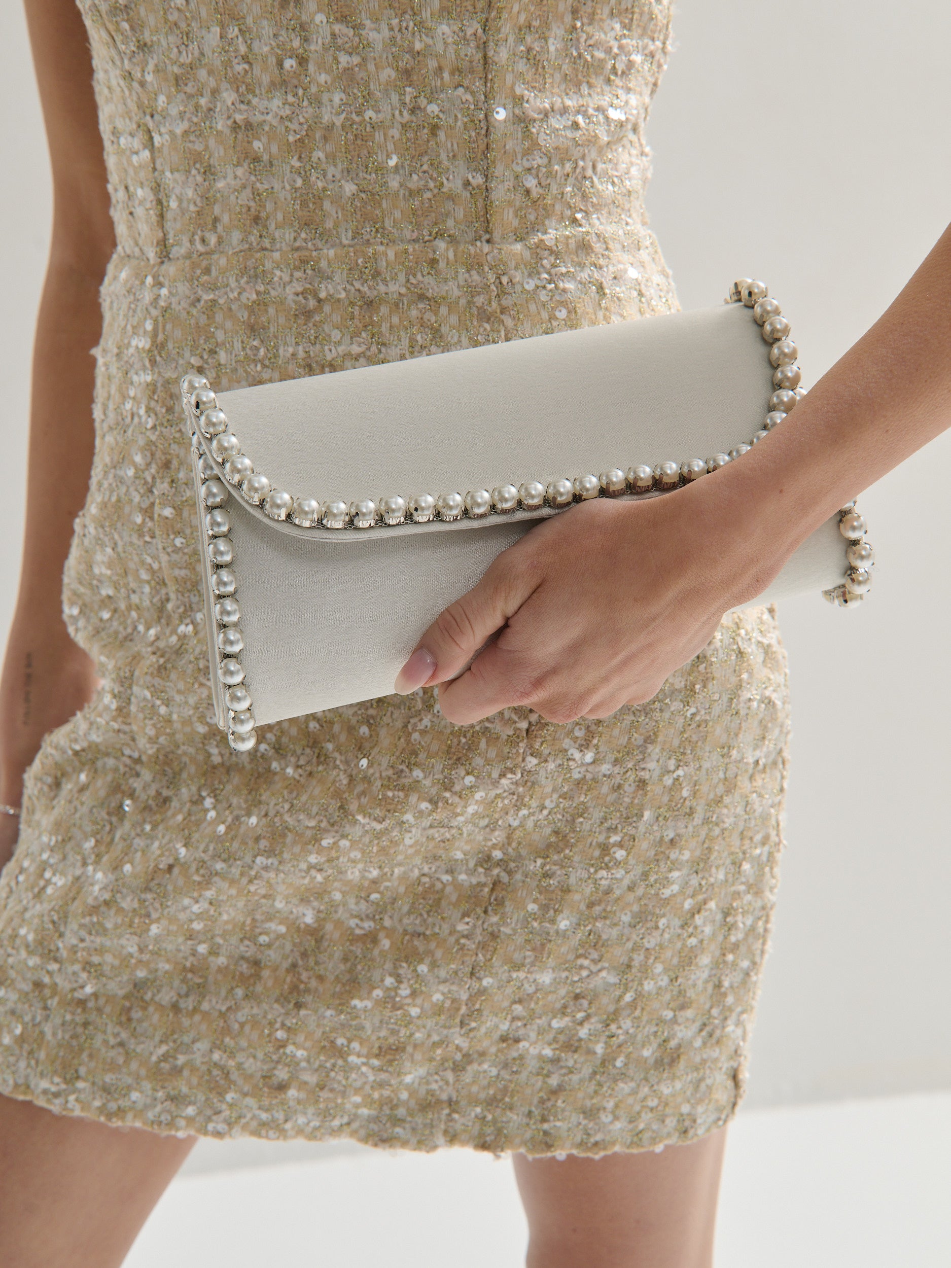 Yvette Pearl Trim Clutch Bag in White