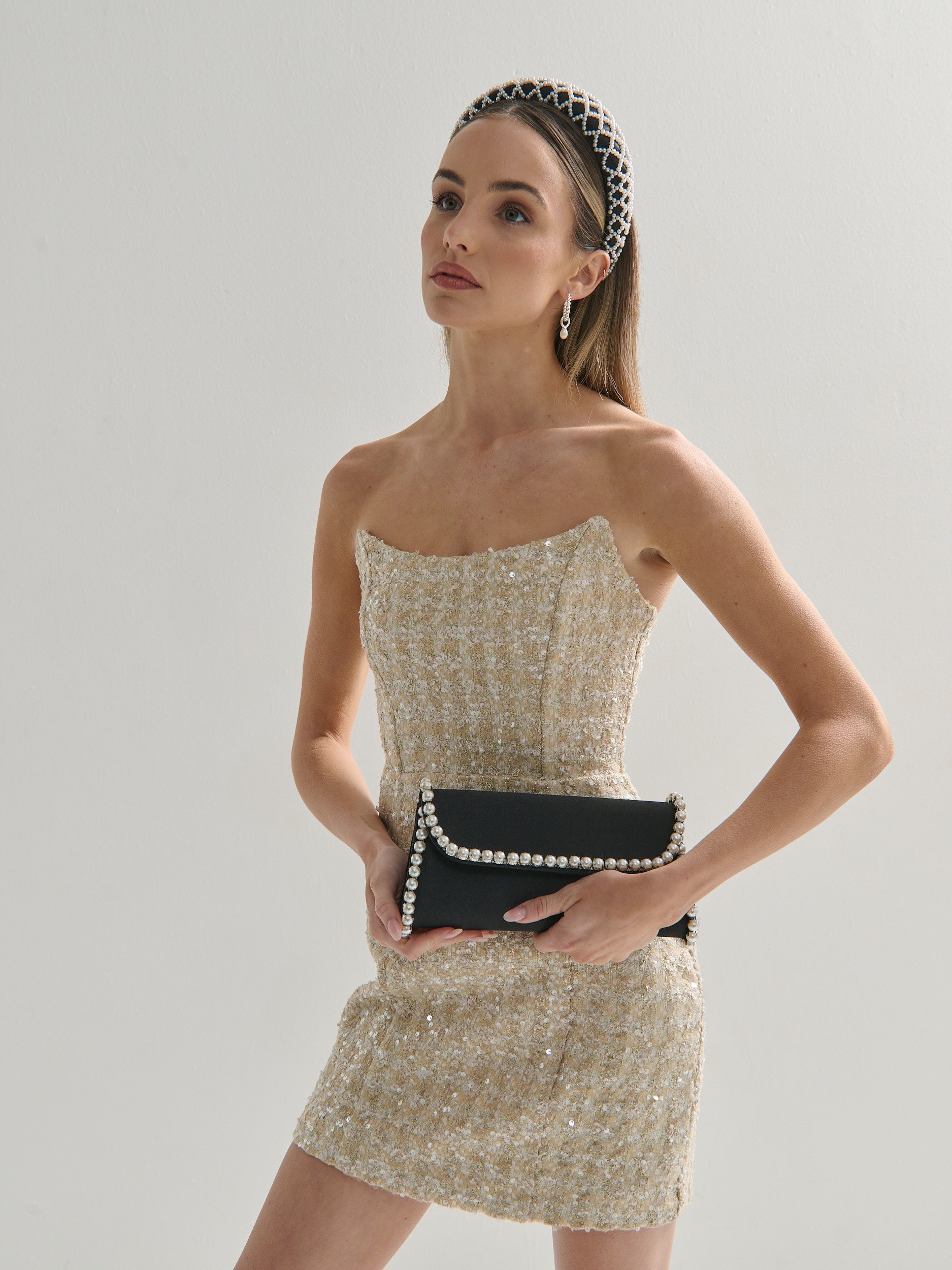 Yvette Pearl Trim Clutch Bag in Black